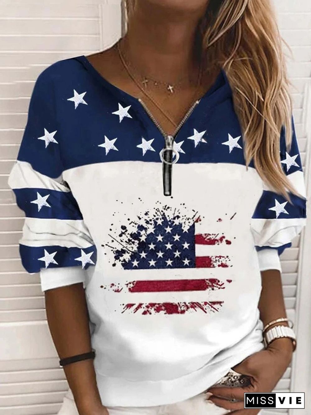 Casual Hippie Stars Zipper Flag Printed Round Neck Sweatshirts