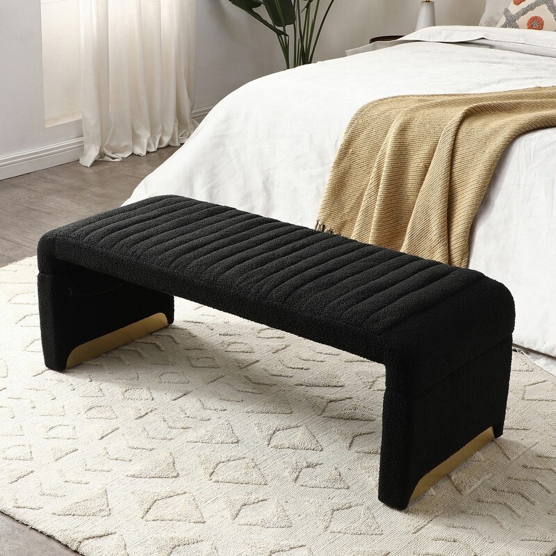 Modern Entryway Bench  Upholstered Sherpa Fabric End of Bed Bench