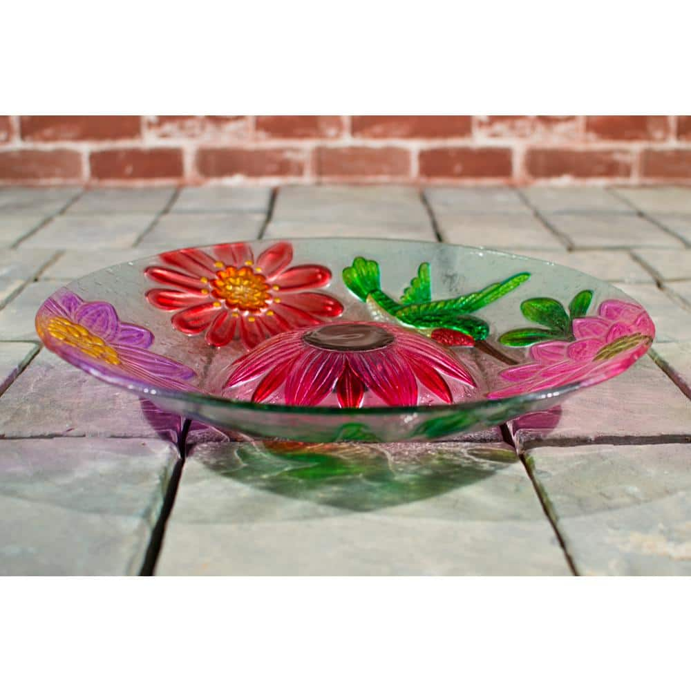 Hi-Line Gift Solar Glass Floral Hummingbird Bird Bath 78415-B