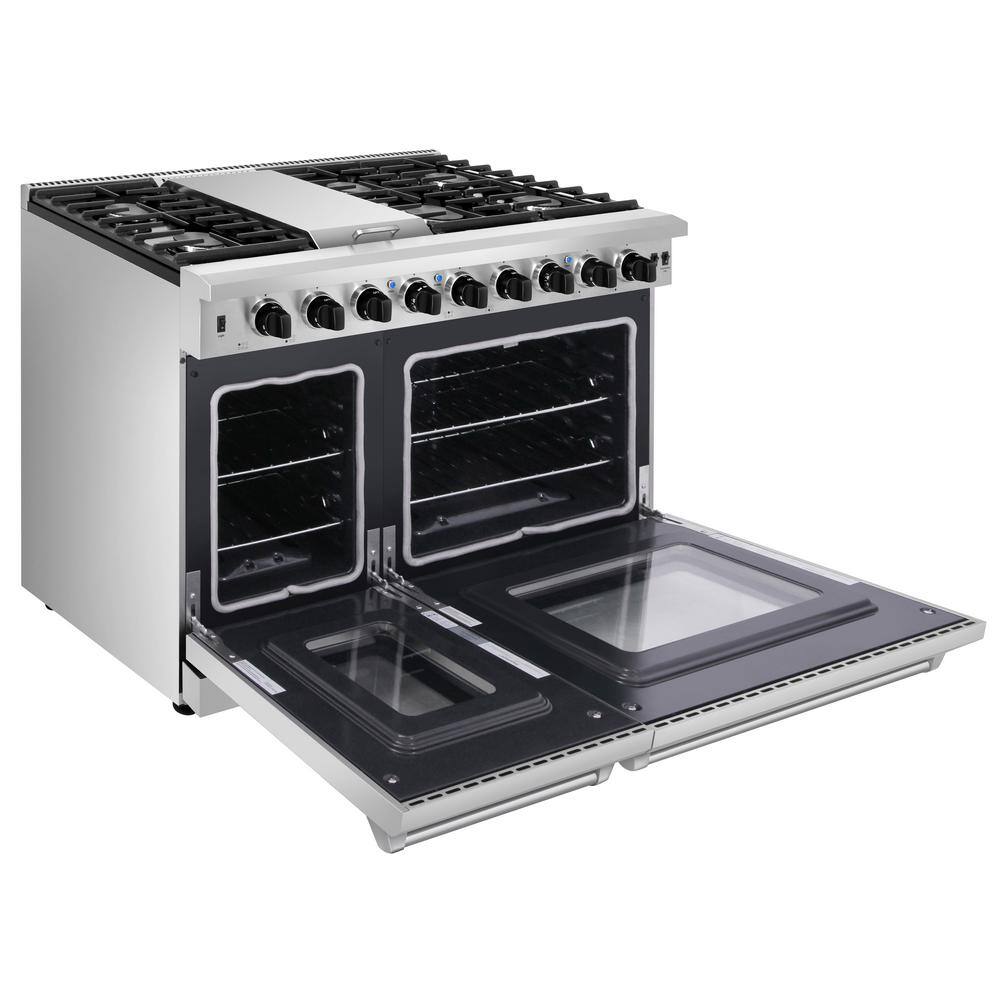 Thor Kitchen Pre-Converted Propane 48 in. 6.8 cu. ft. Double Oven Gas Range in Stainless Steel with Griddle and 6-Burners LRG4807ULP