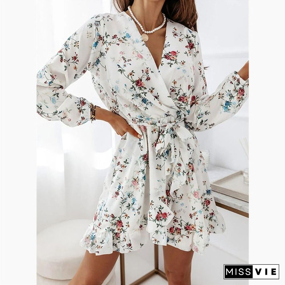 Fall Fashion Floral Print V-neck Long Sleeve Slim Mini Dress Ladies Elegant Vestidos