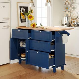 Blue Wood 50.3 in. Kitchen Island Set with Drop Leaf and 2-Seatings Dining Table Set with Storage Cabinet Drawers LH-649