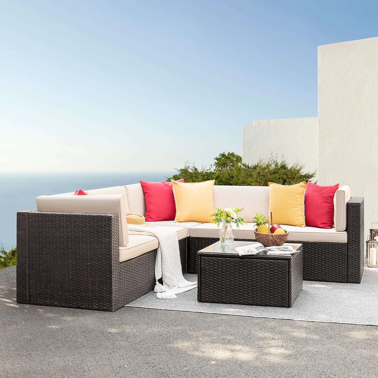 Devoko 6 Pieces Patio Furniture Set Outdoor Sectional Sofa, Beige, Wicker, Rattan, Steel