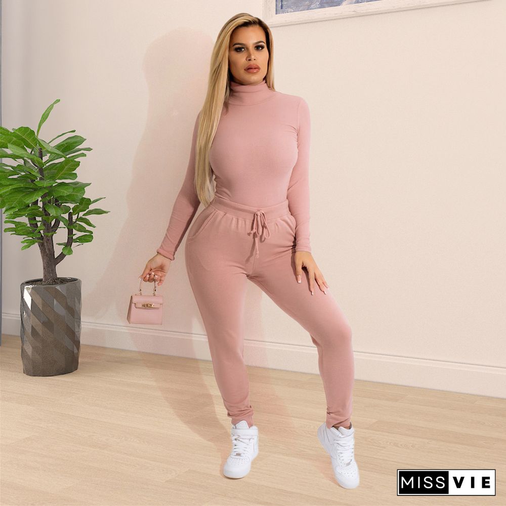 Turtleneck Long Sleeve T Shirts Pencil Pants Set