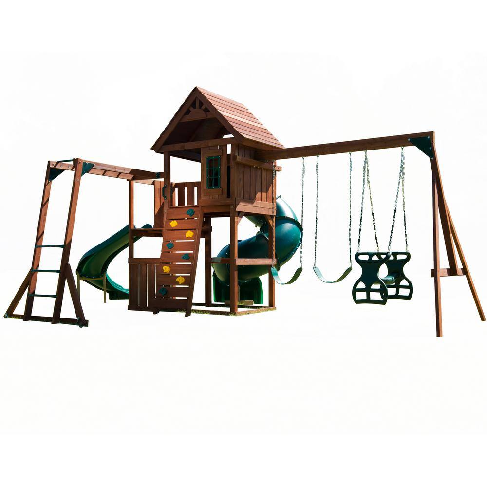 Swing-N-Slide Playsets Grandview Twist Deluxe Complete Wooden Outdoor Playset with Slide Dual Rider and Backyard Swing Set Accessories PB 8020