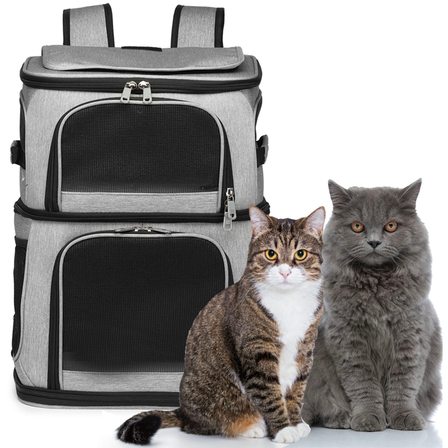 Critter Sitters Double Decker Grey Pet Backpack for Small Dogs， Cats with Scratch Resistant Breathable Mesh Windows | Airline Carry-On Approved | Safety Leash | Storage Pockets | Animal Transportation