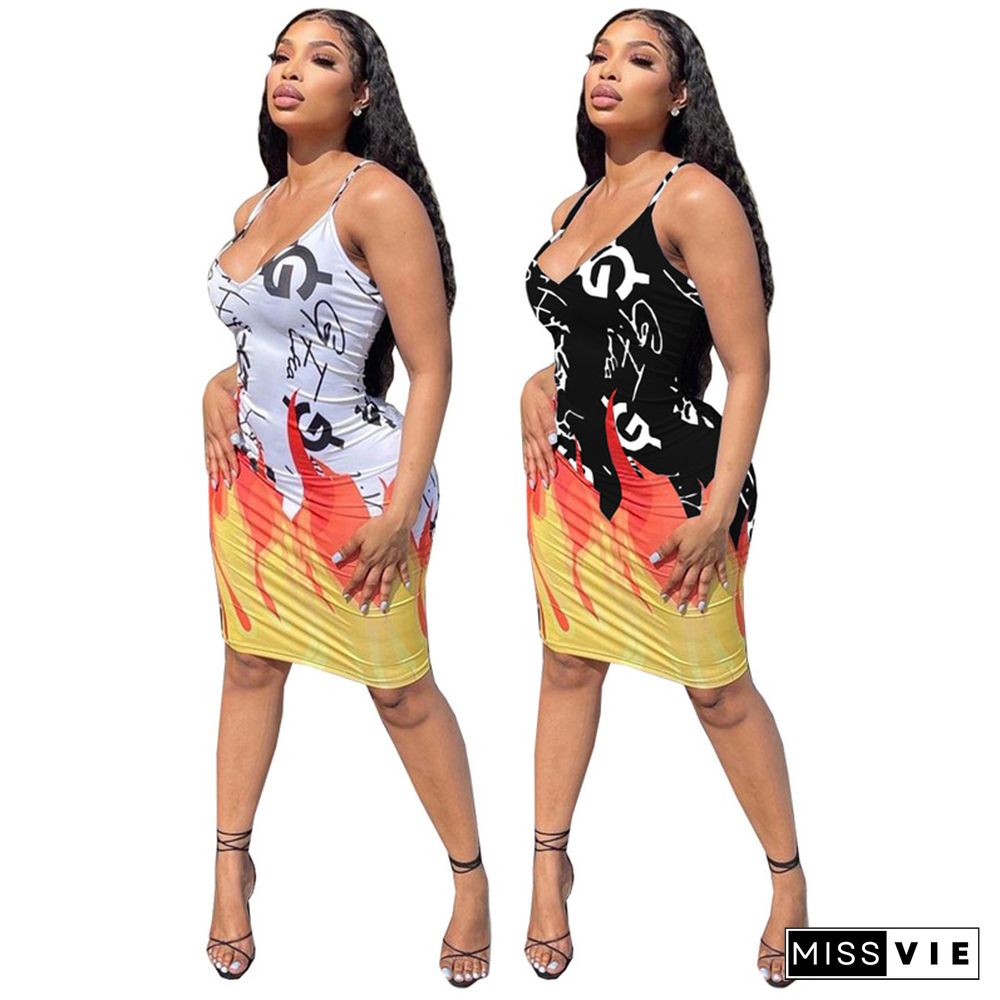 Sexy Graffiti Print Summer Spaghetti Strap Midi Bodyocn Dress