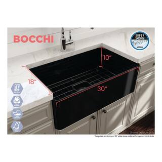 BOCCHI Aderci Black Fireclay 30 in. Single Bowl Ultra-Slim Farmhouse Apron Front Kitchen Sink with Grid and Strainer 1481-005-0120