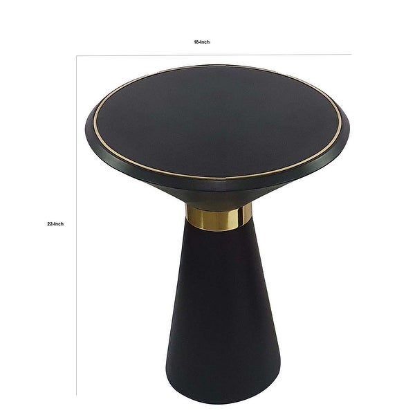 22 Inch Round Mango Wood Side Table， Smooth Brass Accents， Black Finish