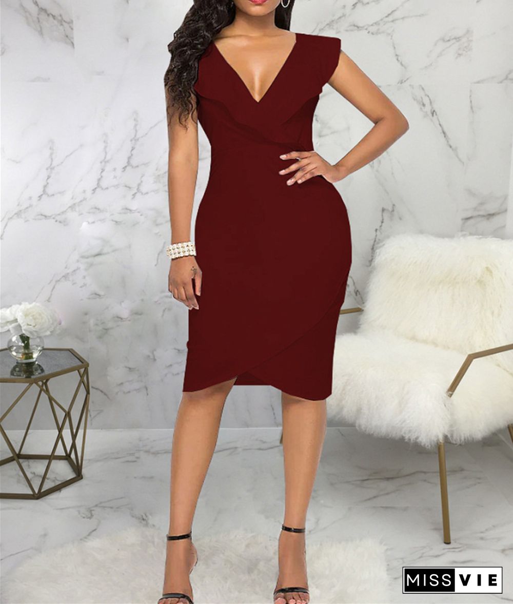 Solid V Neck Sleeveless Bodycon Pencil Dresses