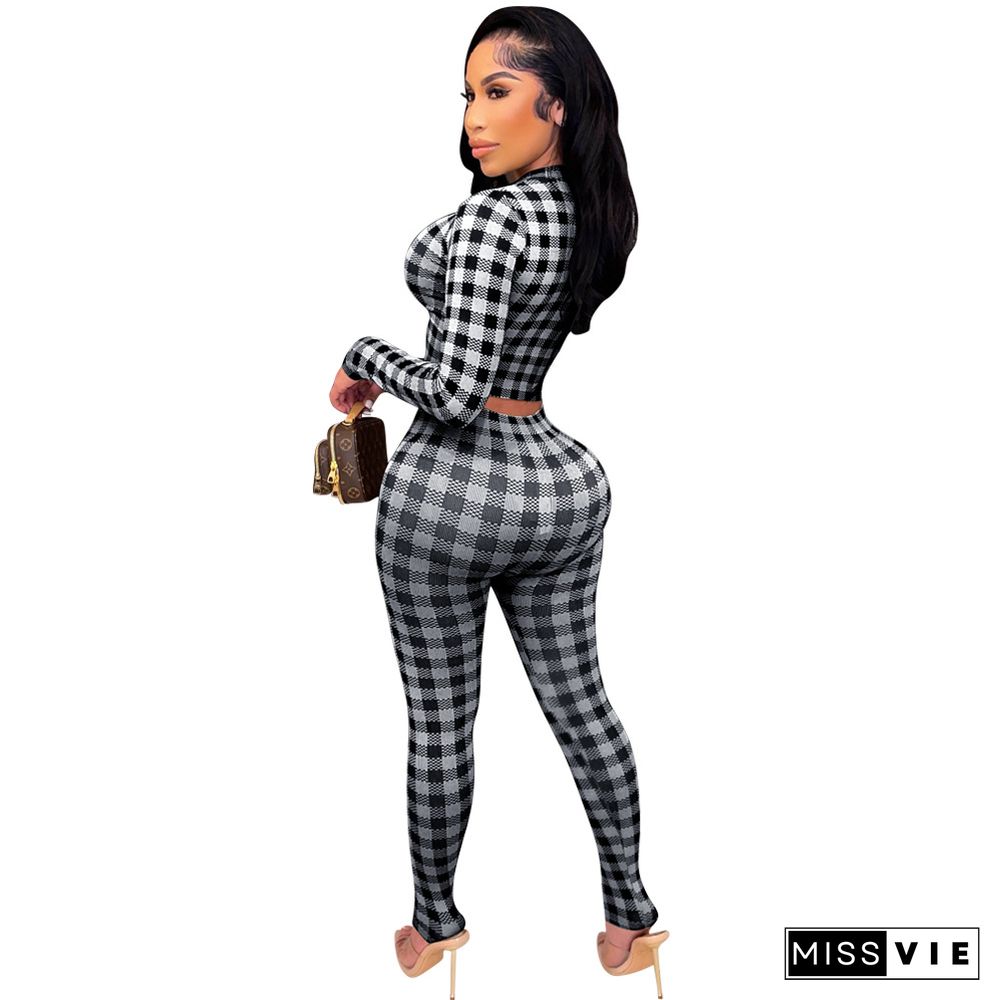 Plaid Crop Top Bodycon Pencil Pants Two Piece Set