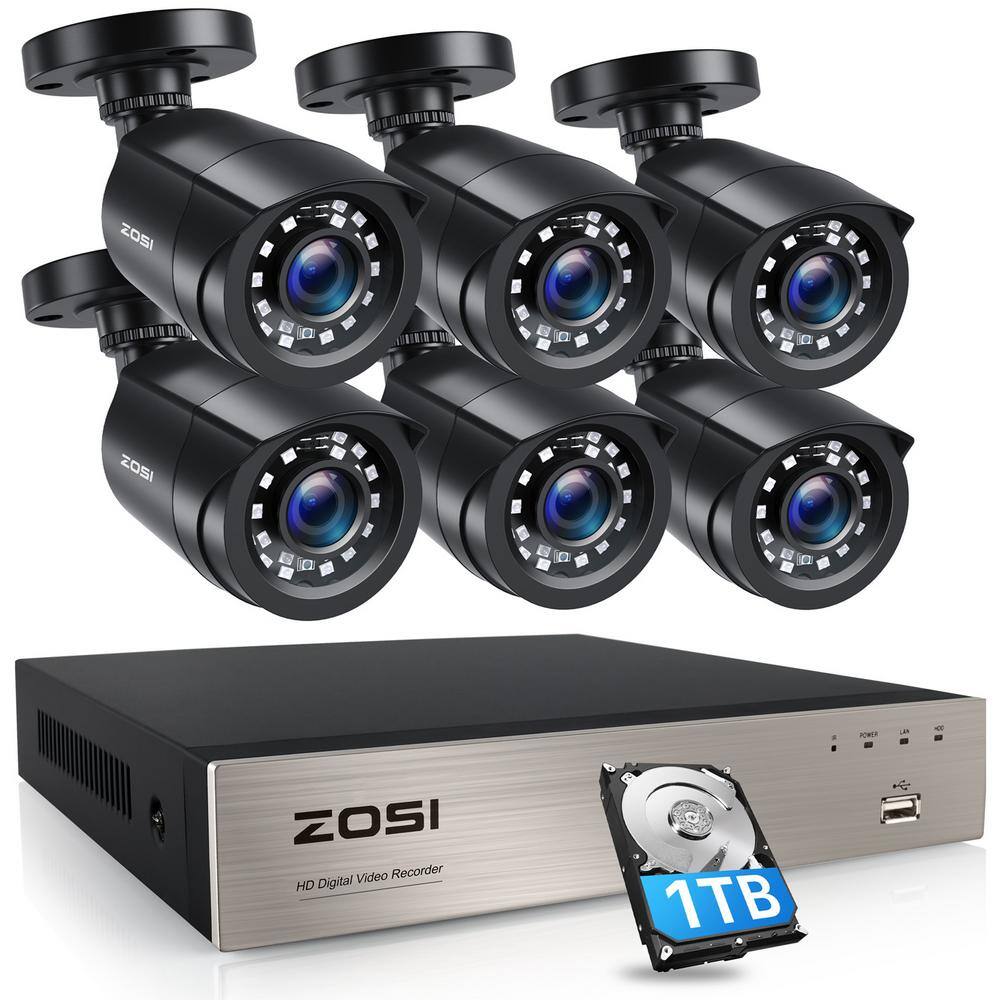 ZOSI H.265 Plus 8-Channel 5MP-LITE DVR 1TB Hard Drive Security Camera System with 6X 1080P Wired Bullet Cameras 8VN-106B6S-10-US-A2