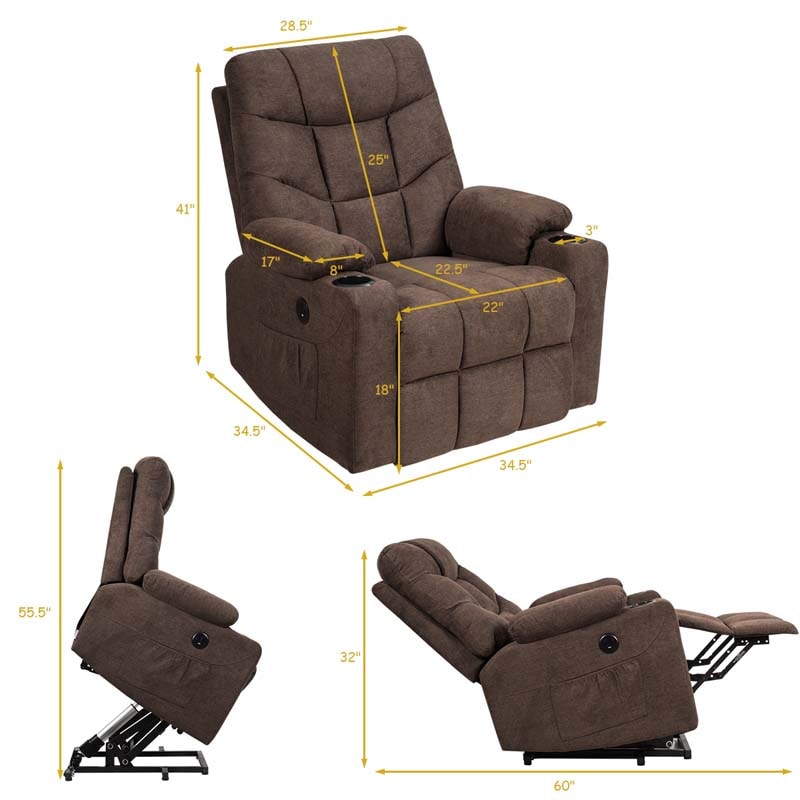 Heated Power Lift Recliner Fabric Massage Reclining Sofa, Elderly Lift Chair with 8 Point Massage, 2 Side Pockets Cup Holders, USB Port