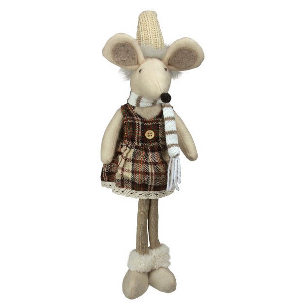 Beige And Brown Standing Girl Mouse In Plaid Dress Christmas Tabletop Figure