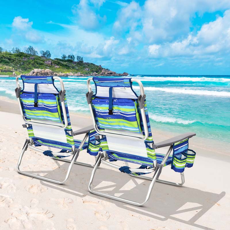 2-Pack Folding Beach Chair, Backpack Lawn Chairs, Sling Camping Chair, Patio Reclining Chairs with 5 Adjustable Position, Head Pillow