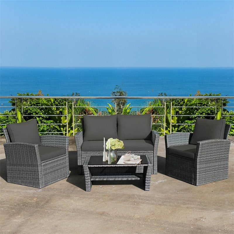 4 Pcs Rattan Patio Sectional Furniture Set with Storage Shelf Table, Cushioned Outdoor Wicker Conversation Sofa Set