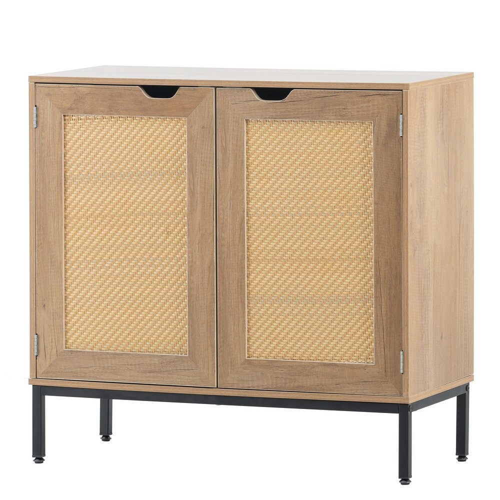 Rustic Accent Storage Cabinet with 2 Rattan Doors Mid Century Natural Wood Sideboard