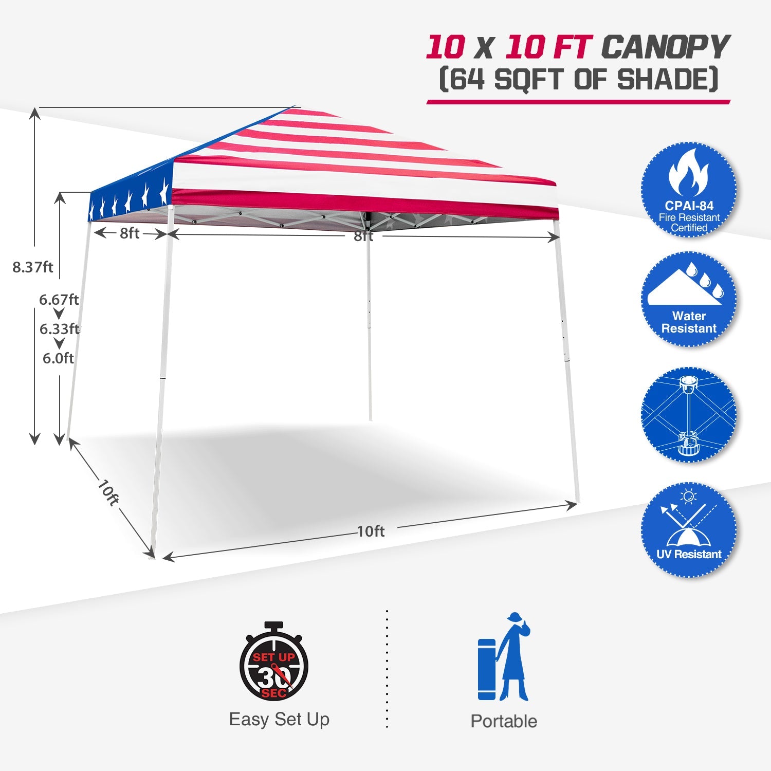 EAGLE PEAK 10' x 10' Slant Leg Pop-up Canopy Tent Easy One Person Setup Instant Outdoor Canopy Folding Shelter with 64 Square Feet of Shade (American Flag)