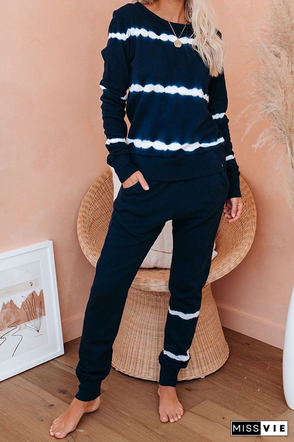 Navy Tie-dye Stripes Pullover Top and Pants Lounge Set