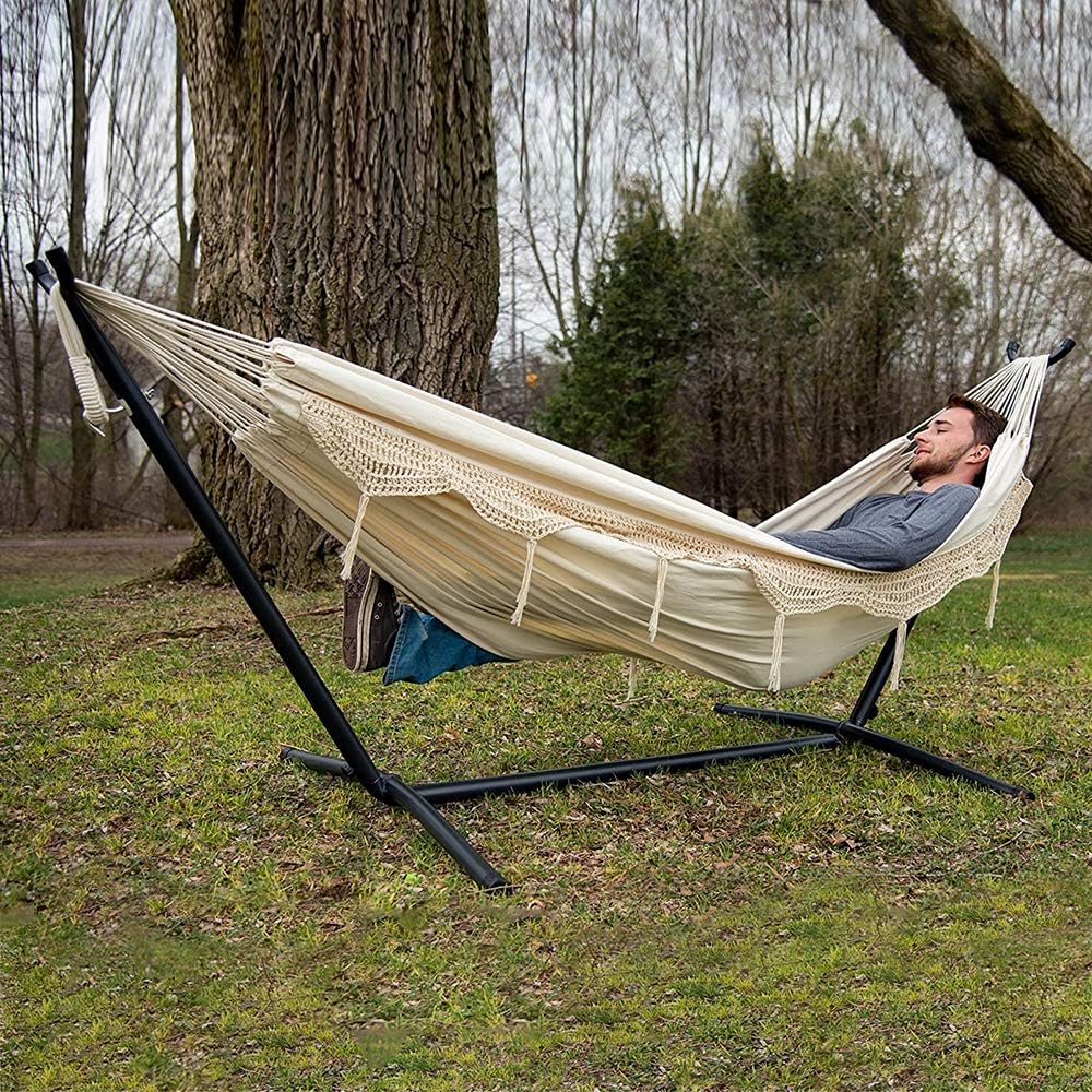 Double Cotton Hammock with Space Saving Steel Stand, Tropical (450 lb Capacity - Premium Carry Bag Included)