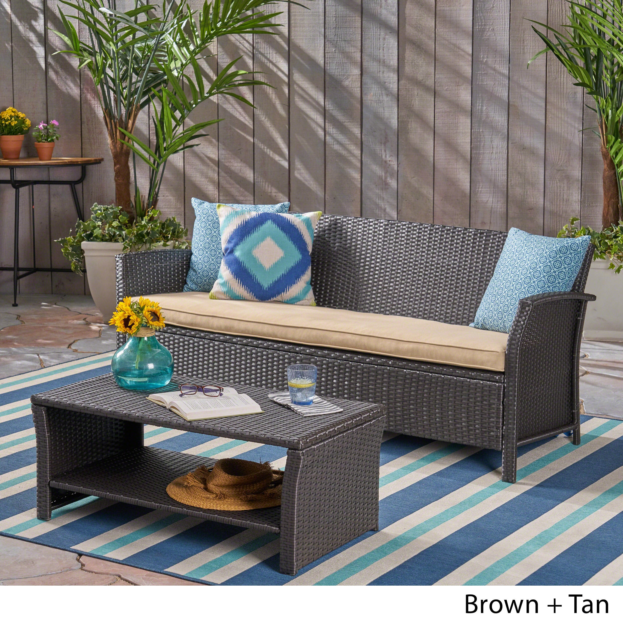 Laiah Outdoor Wicker 3-Seater Sofa with Coffee Table