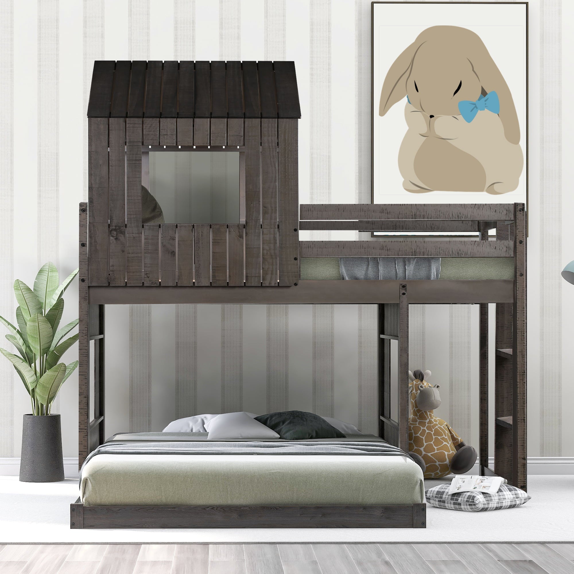 Churanty Wooden House Bunk Bed Twin Over Full Bunk Bed Floor Playhouse Bed For Kids Antique Gray