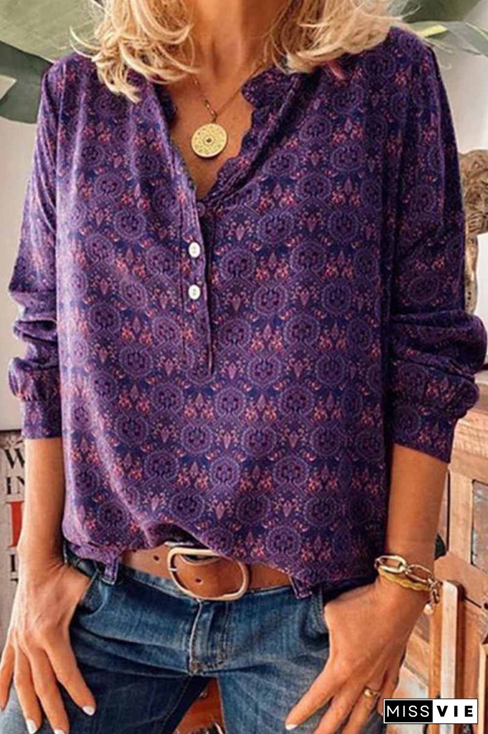 Vintage V-Neck Button Print Shirt(3 Colors)