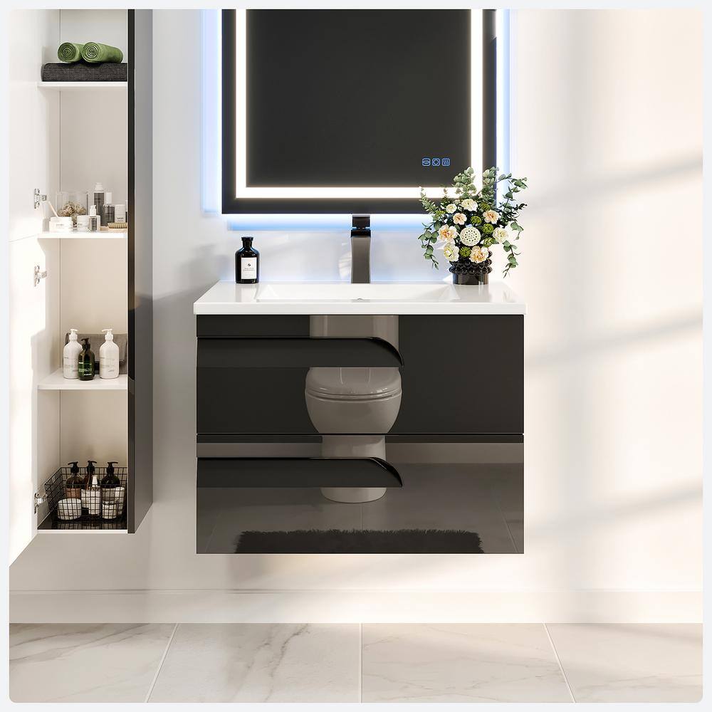 Eviva Joyous  32 in. W x 18 in. D x 22.5 in. H Floating Bath Vanity in Black with White Porcelain Top EVVN23-32BLK-WMN