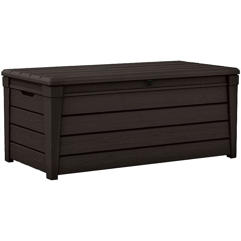 Keter Brightwood 120gal Weatherproof Resin Patio Deck Storage Box Bench， Brown