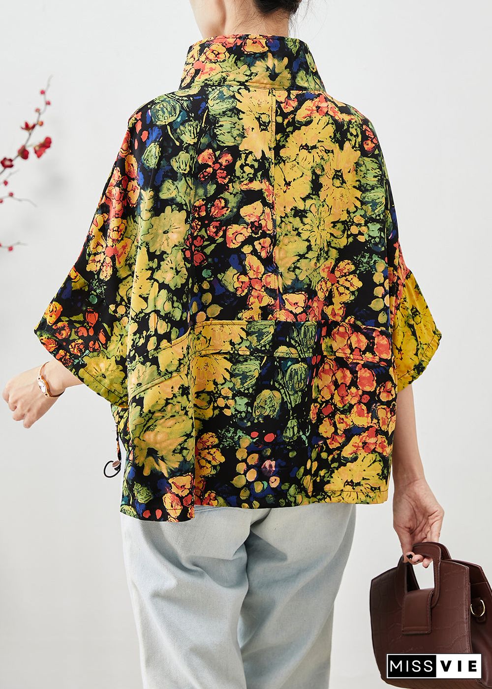 Yellow Print Cotton Sweatshirts Top Oversized Drawstring Short Sleeve