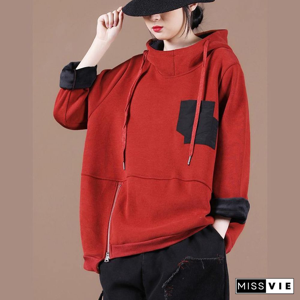 Women hooded patchwork clothes For Women Work Outfits red thick shirt