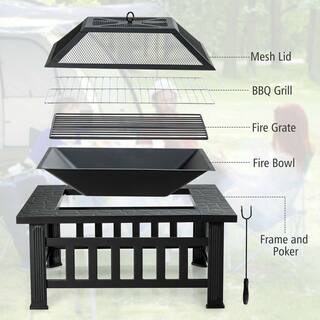 Gymax 32 in. 3-In-1 Outdoor Square Fire Pit Table with BBQ Grill Rain Cover for Camping GYM08940