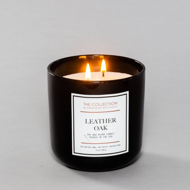 2 wick Black Glass Leather Oak Lidded Jar Candle 12oz The Collection By Chesapeake Bay Candle