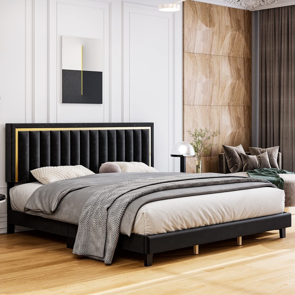 Velvet Upholstered Platform Bed with Adjustable Tufted Headboard