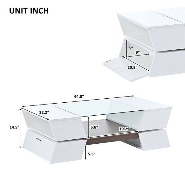 2-Tier Glass-Top Coffee Table with Open Shelves and Cabinets