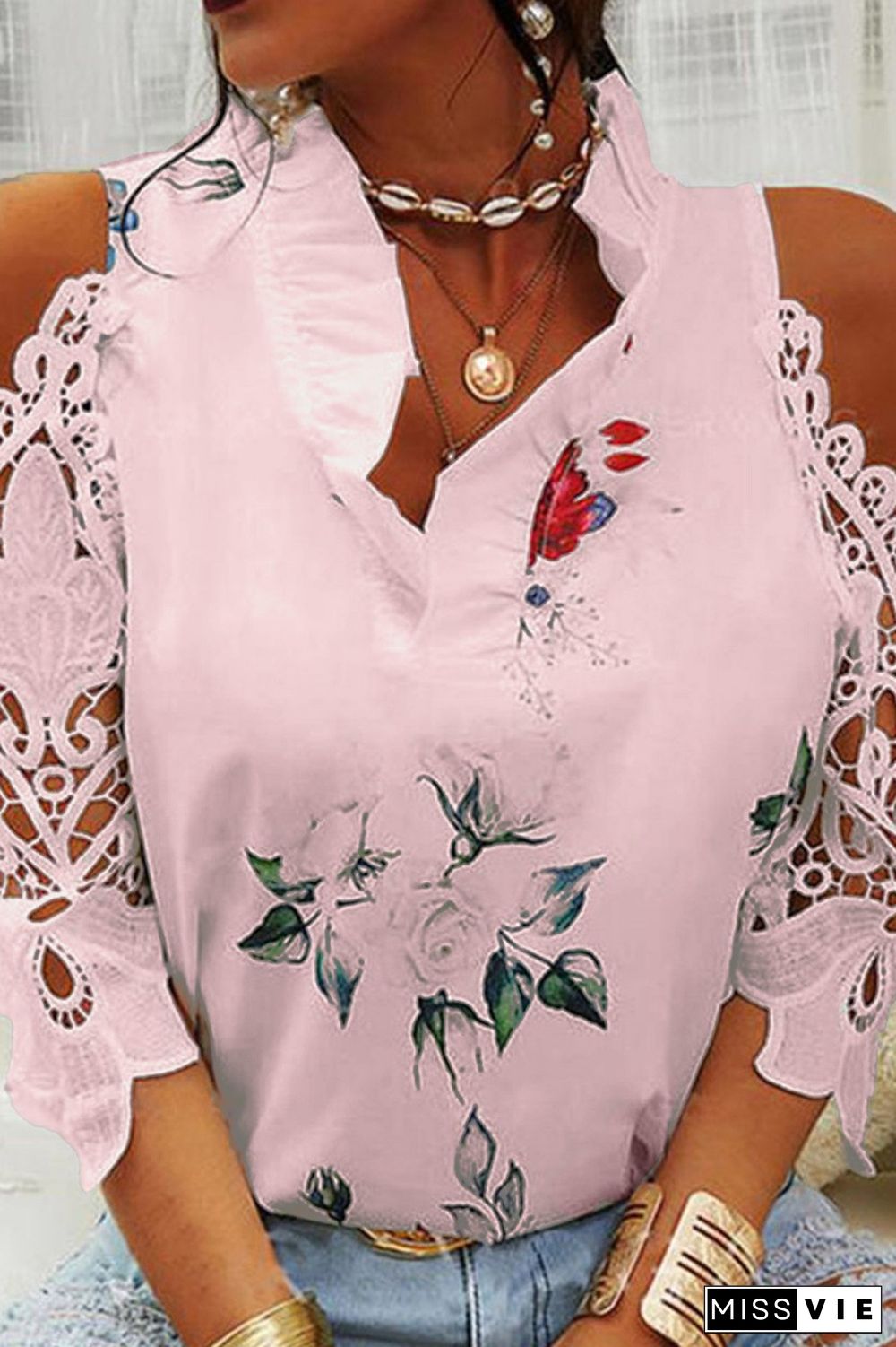 White Casual Print Hollowed Out V Neck T-Shirts