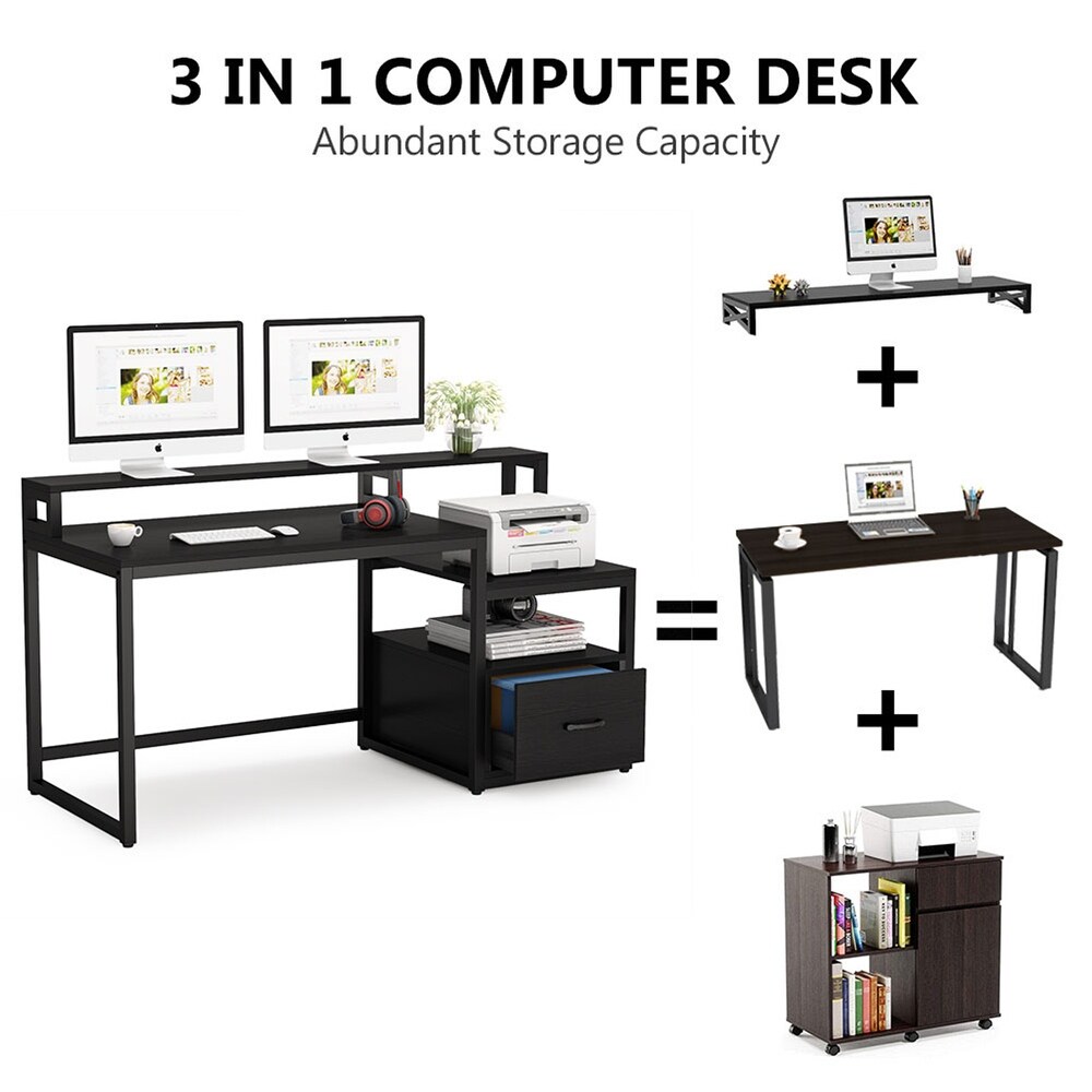 59'' Computer Desk with Drawer  Storage Shelves and Monitor Stand