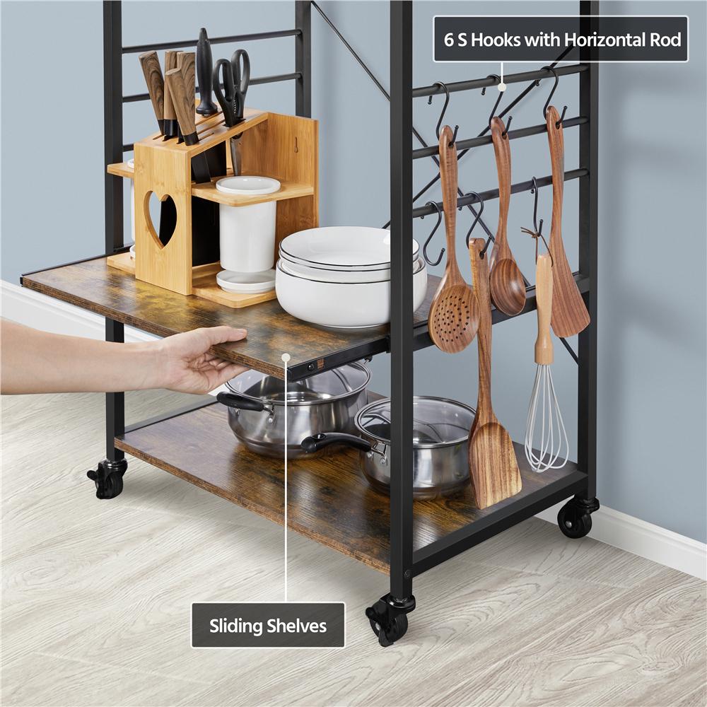 Easyfashion Kitchen Bakers Rack Microwave Stand Cart Coffee Bar Cabinet with Side Hooks， Rustic Brown