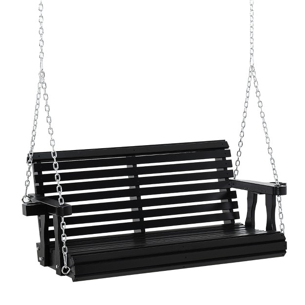 2 person Porch Swing Wooden Patio Swing Bench With Cup Holders Slatted Design amp Chains Included 440lb Weight Capacity