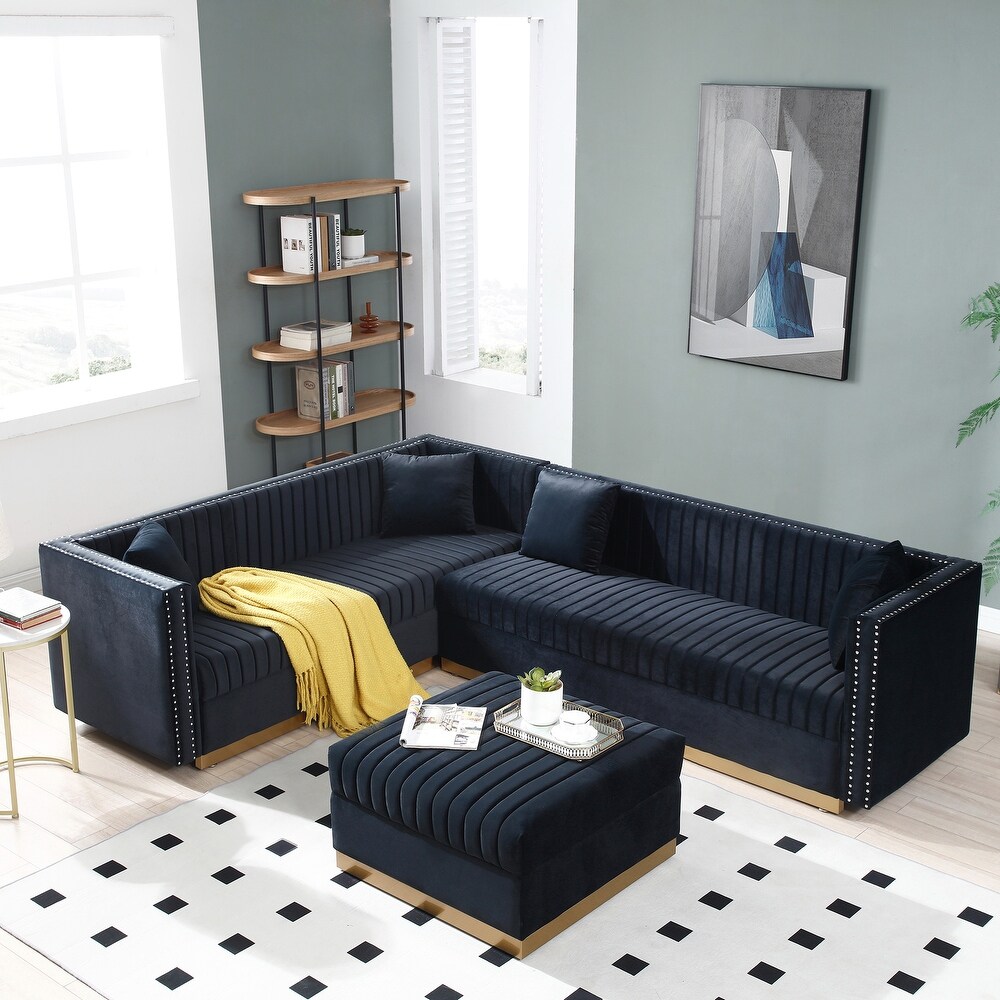 Vertical Channel Tufted Velvet Sectional Sofa  L Shaped Upholstered Corner Couch with Ottoman and 4 Pillows  Nailhead Trimming