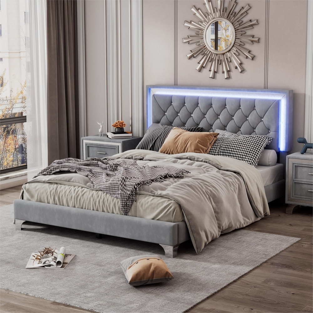 Queen Size Velvet Platform Bed with Crystal Tufted Headboard