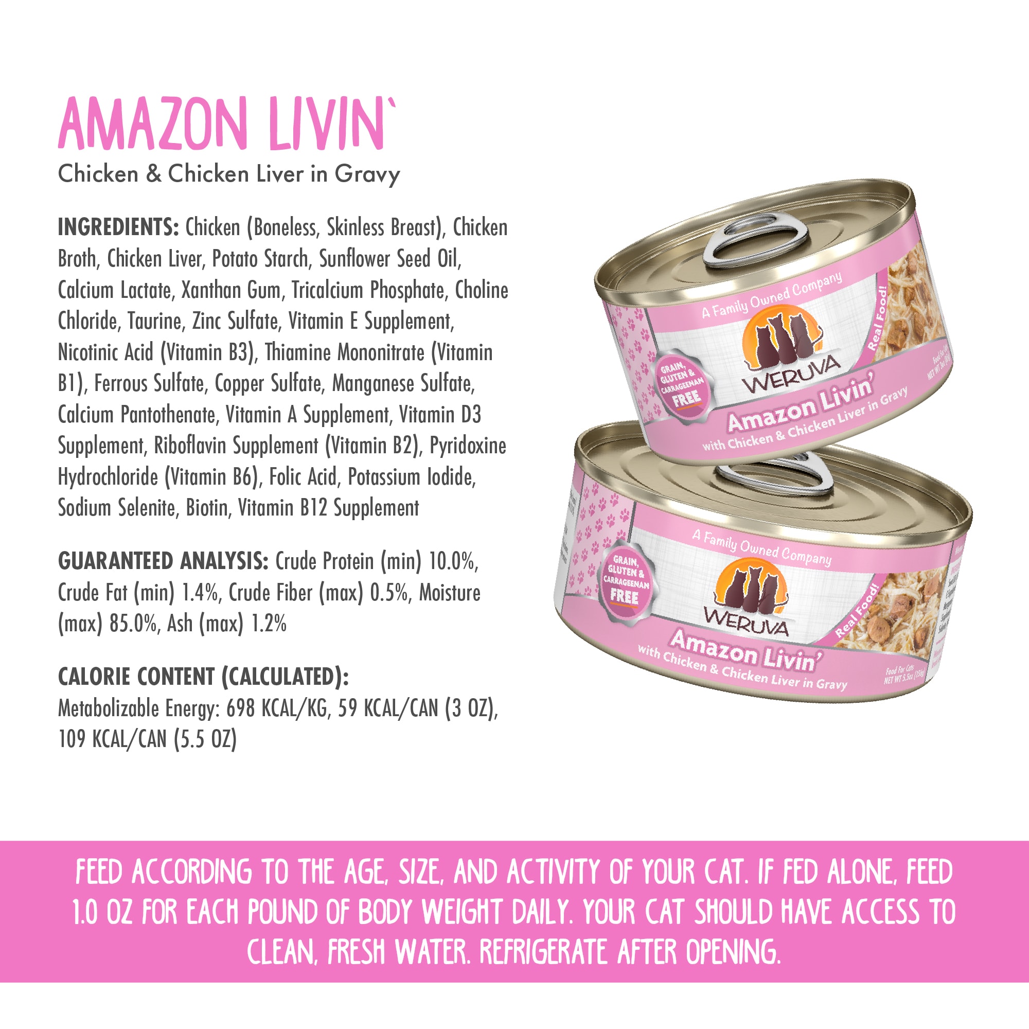 Weruva Classics Amazon Livin with Chicken  Chicken Liver in Gravy Wet Cat Food， 5.5 oz.， Case of 24