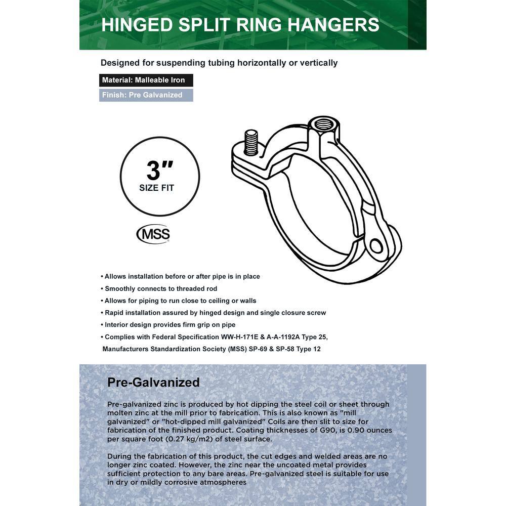 The Plumber's Choice 3 in. Hinged Split Ring Pipe Hanger Galvanized Iron Clamp with 78 in. Rod Fitting for Suspending Tubing (5-Pack) 03HSHG-N-5