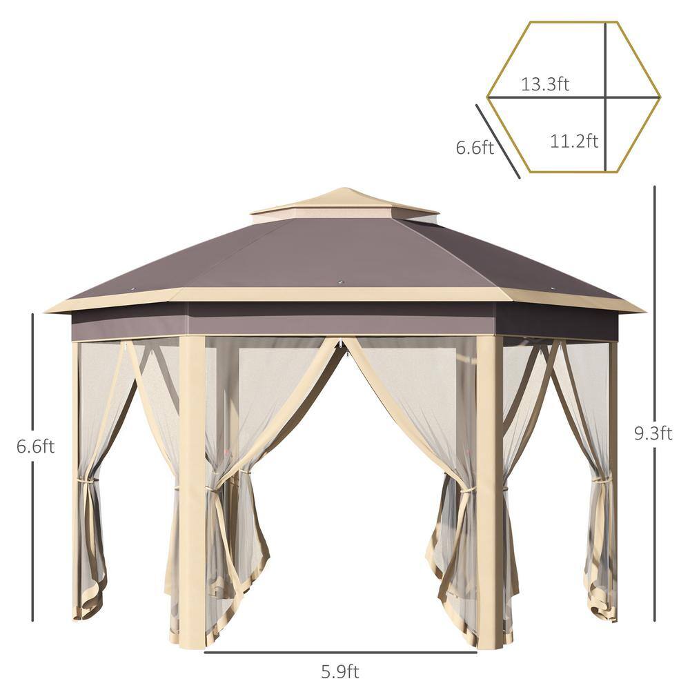 Outsunny 13 ft. x 11 ft. Pop Up Beige Gazebo Double Roof Canopy Tent with Zippered Mesh Sidewalls 84C-299BG