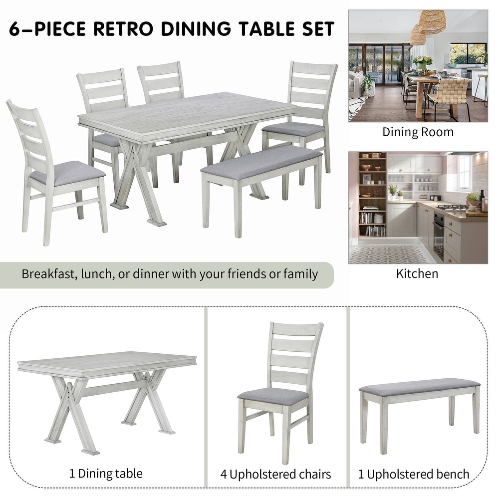 6 Piece Rectangular Dining Table Set  Table with Unique Legs and 4 Chairs   1 Bench