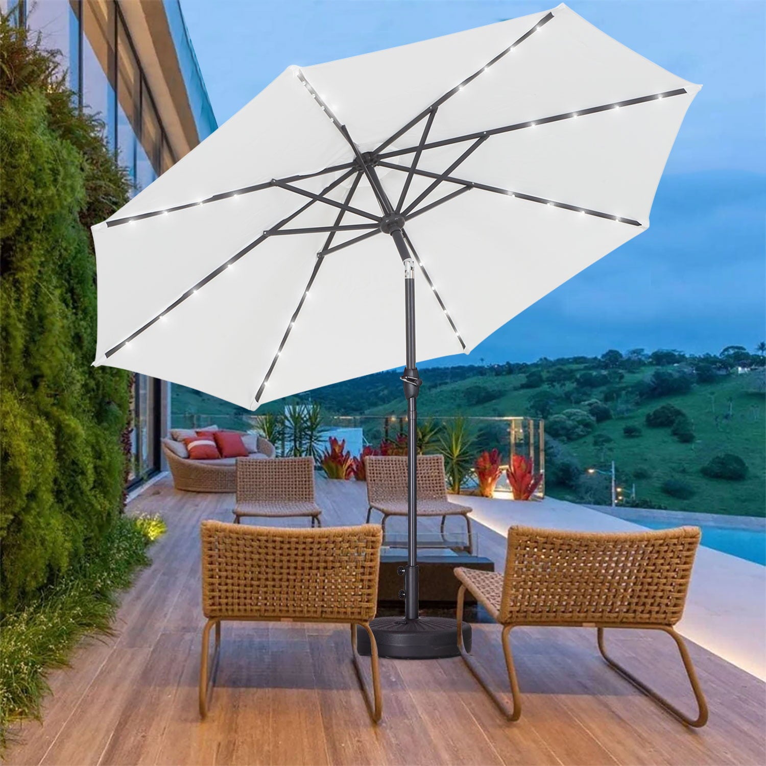 Autlaycil 9ft Solar Patio Umbrellas LED Patio Market Steel Tilt w/ Crank Outdoor, White