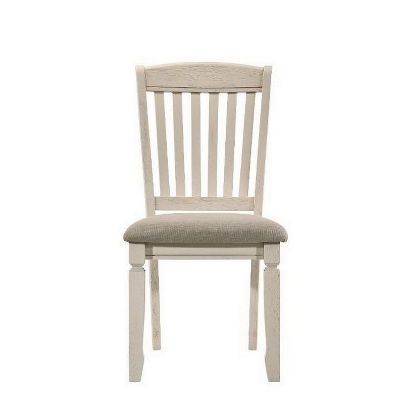 18 Inch Dining Chair， Fabric Padded Seat， Slatted， Set of 2， Antique White