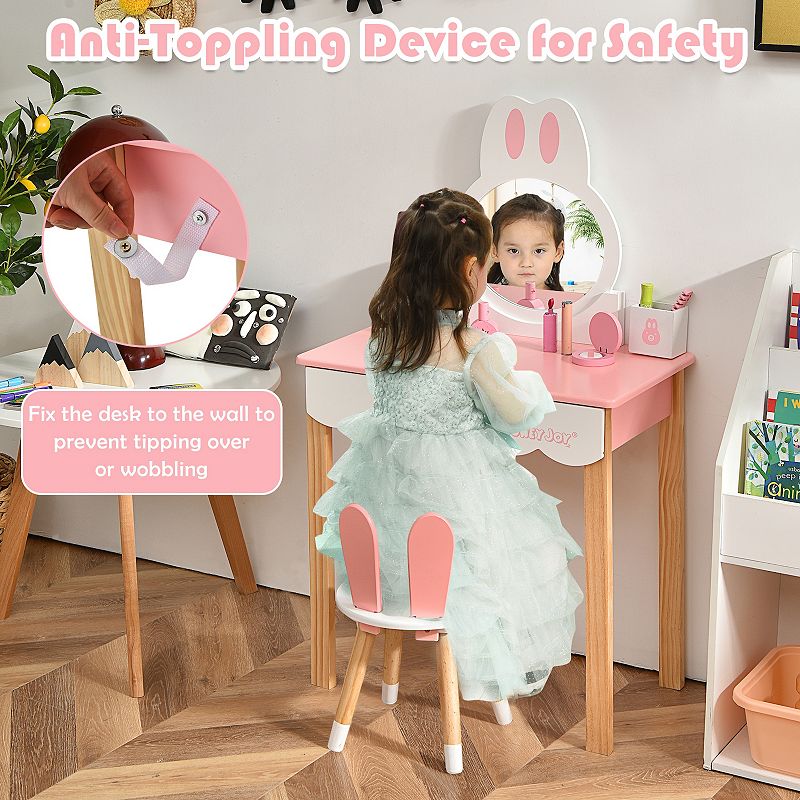 Kids Vanity Set Rabbit Makeup Dressing Table Chair Set with Mirror and Drawer