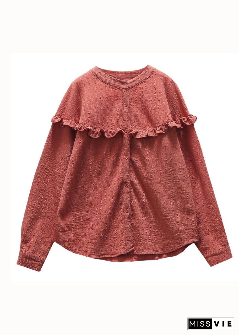 Casual Green Ruffled Button Patchwork Cotton Blouse Tops Long Sleeve