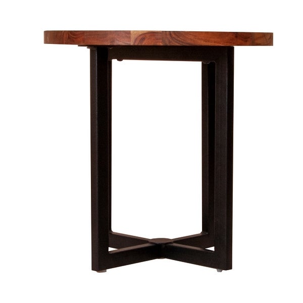 Peter 18 Inch Round End Side Table， Solid Acacia Wood Tabletop， Steel Frame， Brown， Black